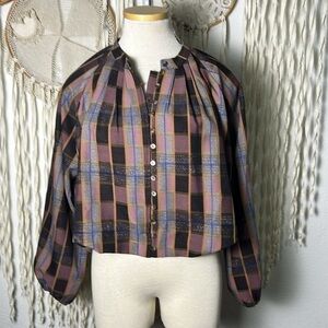 Anthropologie | BTFL-Life Balloon Hem Long Sleeve Plaid Blouse Size Small